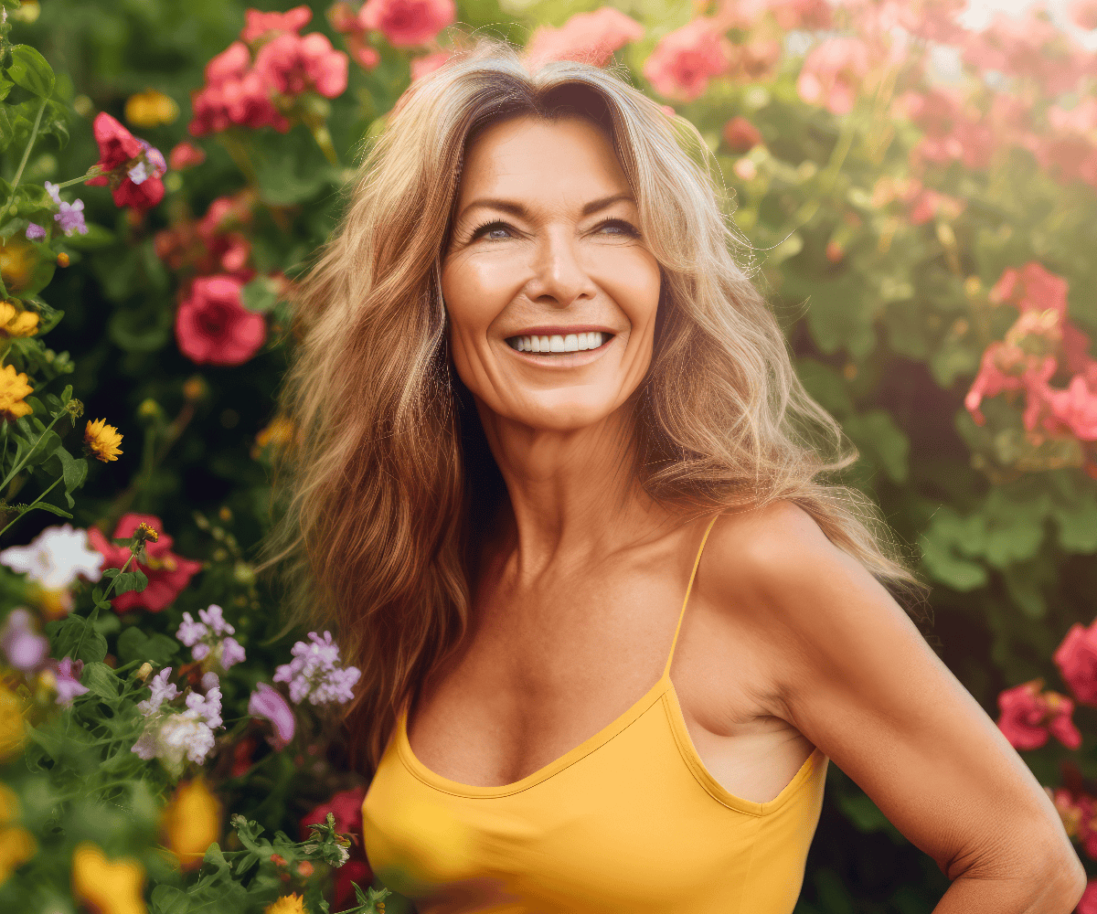 A smiling woman in a yellow tank top surrounded by vibrant flowers, radiating happiness and vitality in a sunny garden setting.