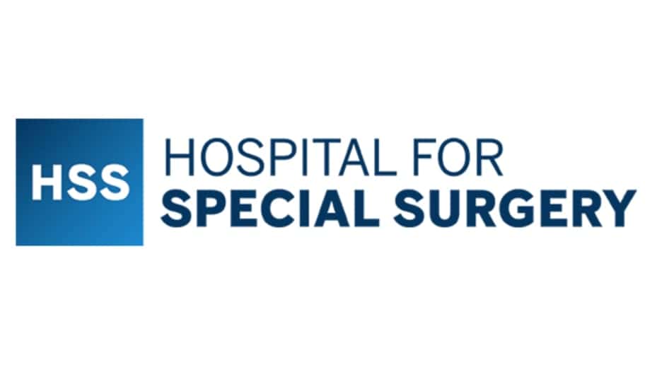 A logo with a gradient blue square featuring the letters "HSS" followed by the text "Hospital for Special Surgery," emphasizing expertise in orthopedic and rheumatologic care.