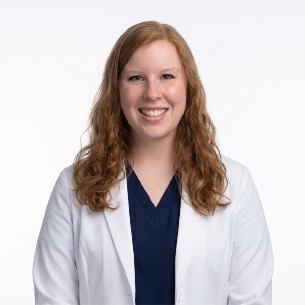 A woman with medium-length brown hair, wearing a purple top and smiling, standing in front of a white background.