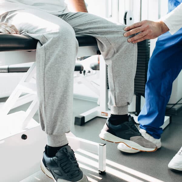 a doctor holding knee of patient