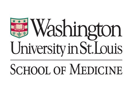 "Washington University in St. Louis" with a shield emblem containing an open book and fleur-de-lis symbols above the words "School of Medicine" in bold uppercase font.
