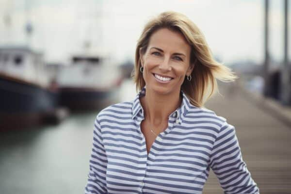 A cheerful woman standing on a dock, smiling warmly at the camera. She is wearing a blue and white striped shirt, with the breeze gently tousling her blonde hair. The background features a serene waterfront scene with boats blurred in the distance.