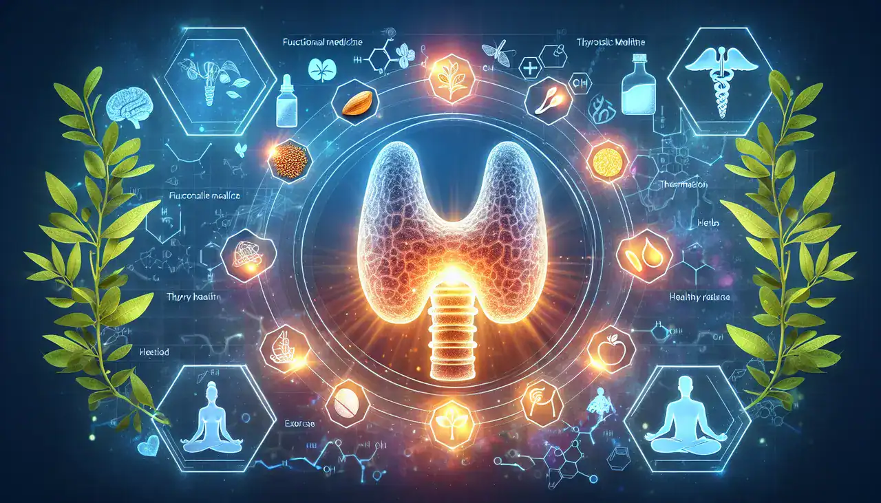 A glowing illustration of a thyroid gland surrounded by icons representing health, functional medicine, natural remedies, and wellness practices, with green leaves and a blue background.