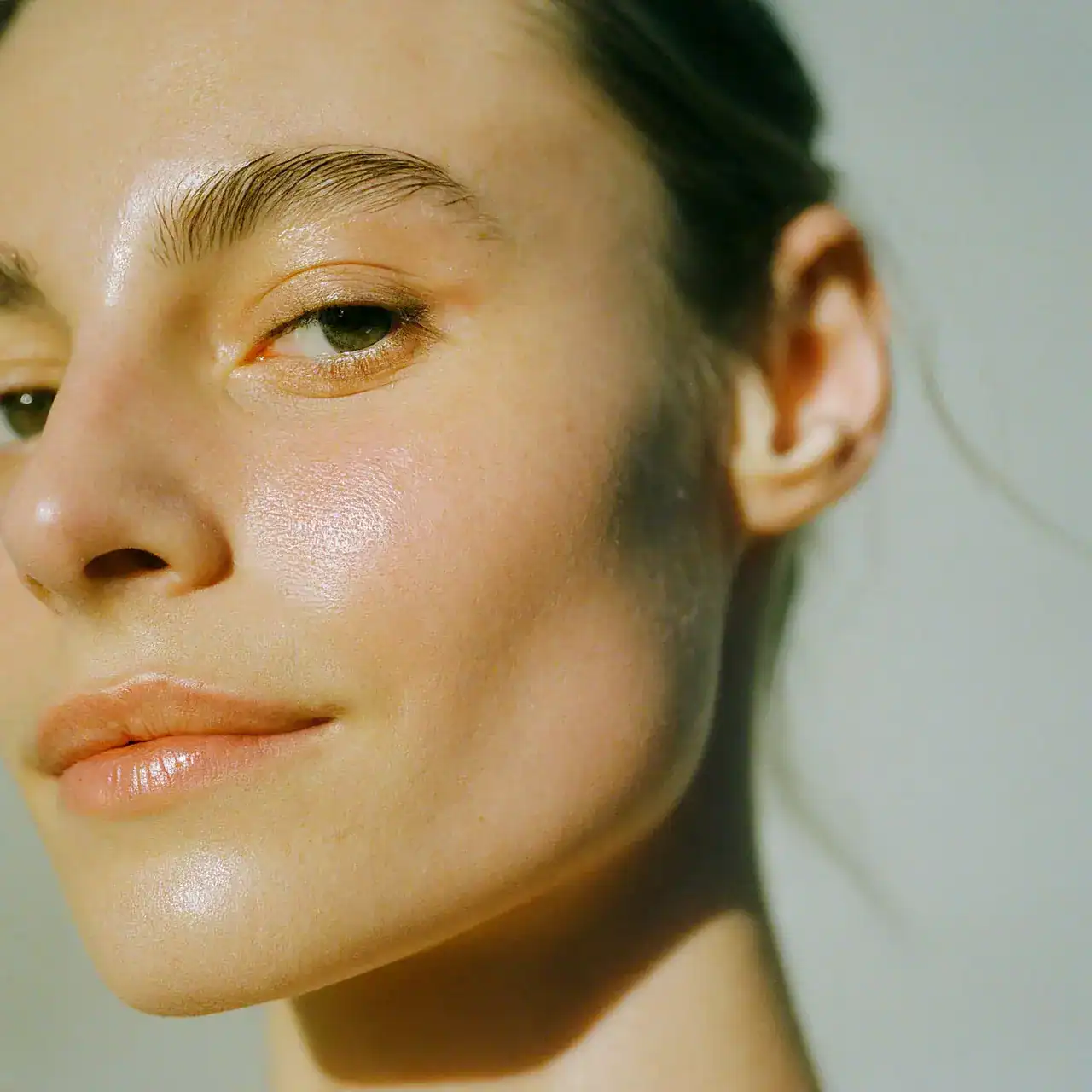 Close-up of a woman's face with clear, glowing skin and natural makeup, softly lit by sunlight.